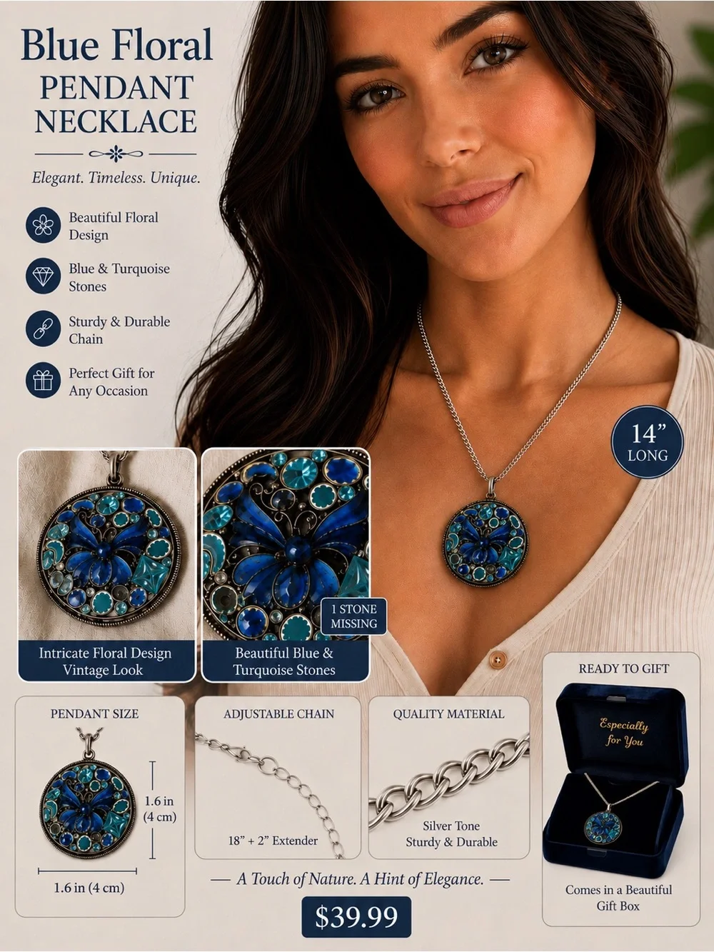 Vintage Blue Floral Pendant Necklace with Turquoise Stones-1stone missing